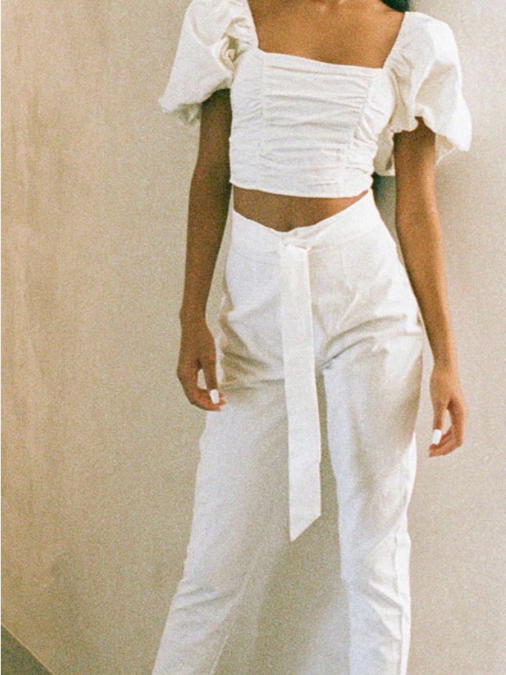 SABO Amari LinenCropped Puff-Sleeve Top & High-Waist Tie Belt Pants in White NWT